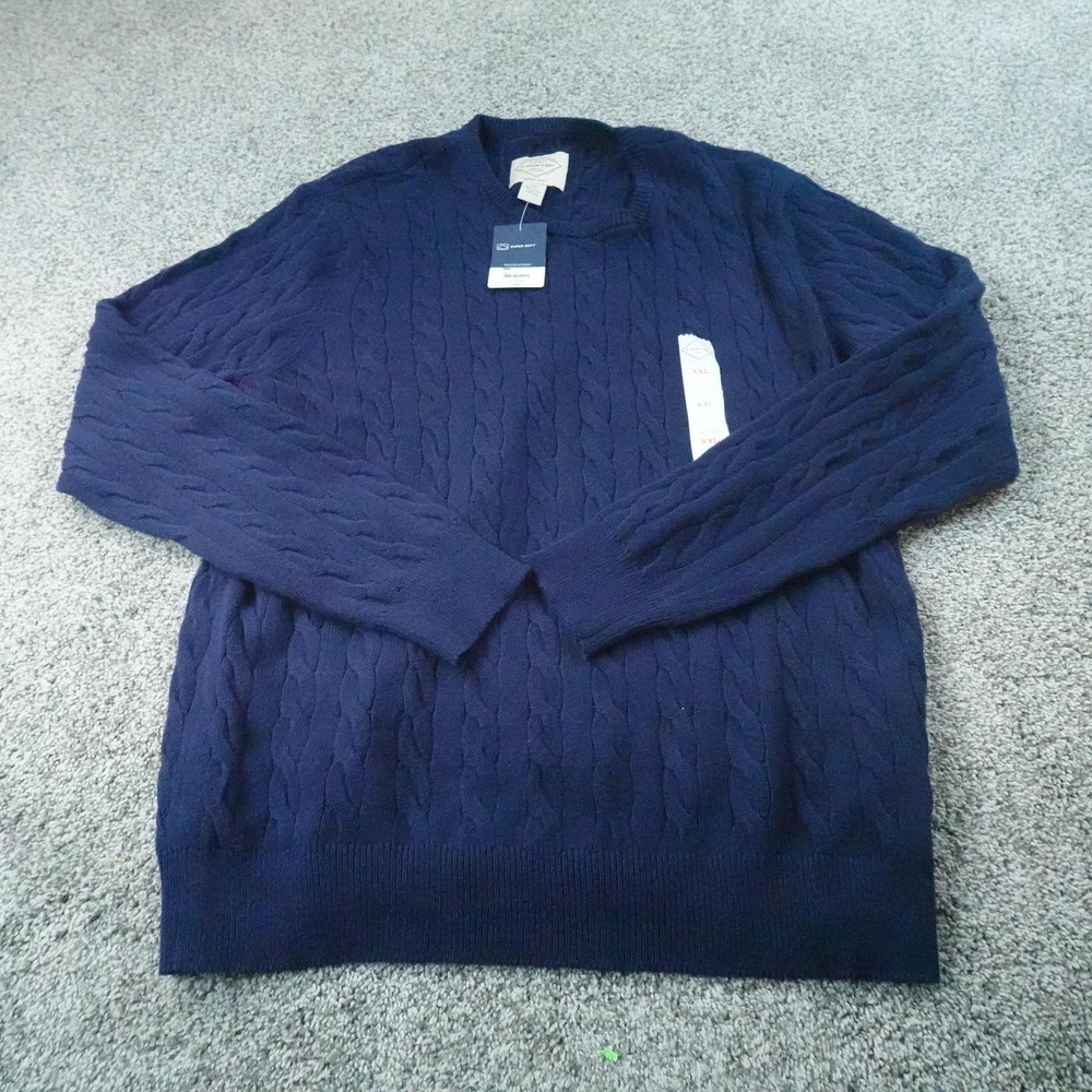 NEW St Johns Bay Sweater‎ Mens 2XL Navy Blue Aran Cable Knit Crewneck Pullover - Picture 2 of 9